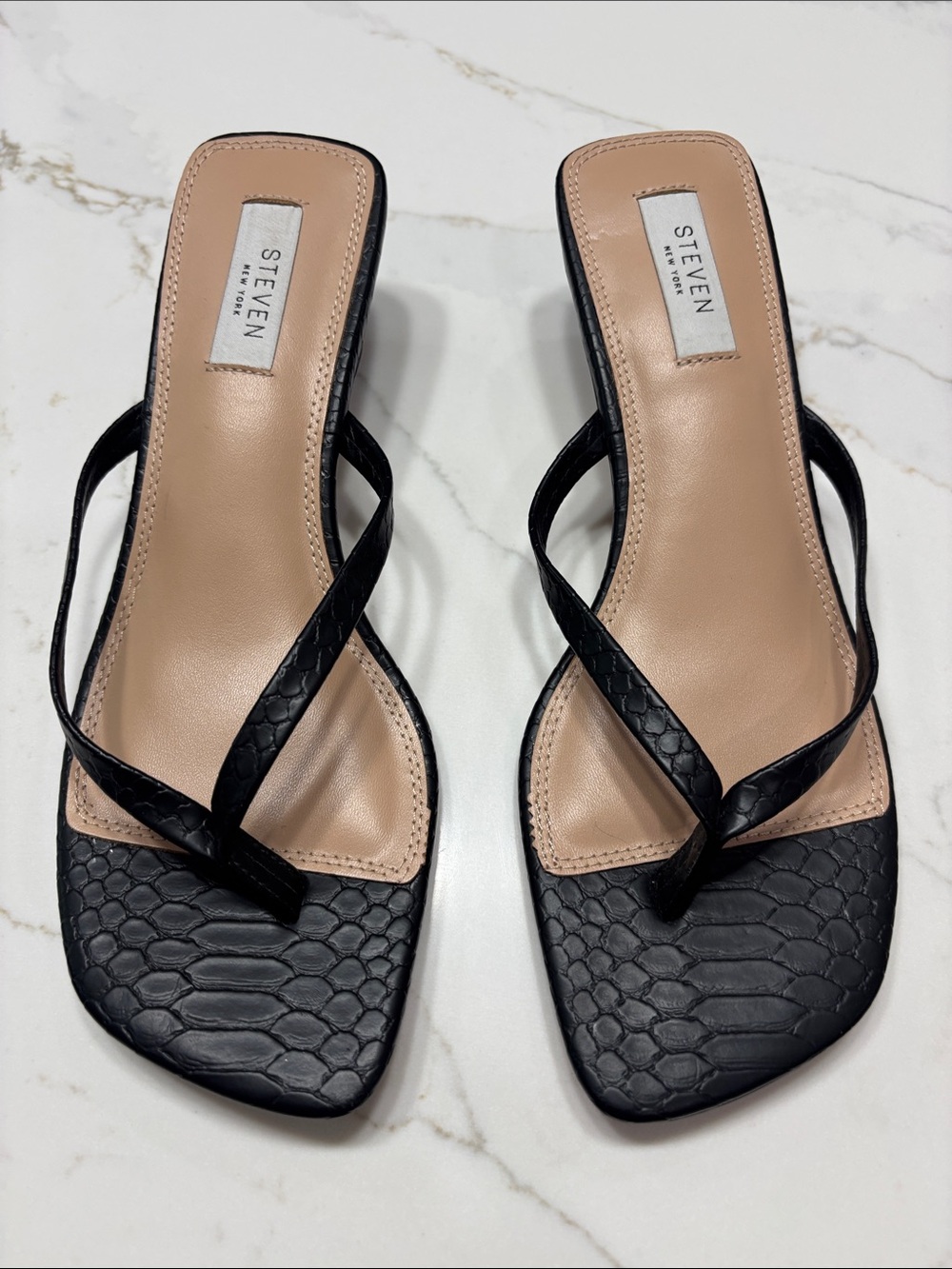 Black Croc-Texture Thong Sandal with Nude Footbed - Picture 3 of 9